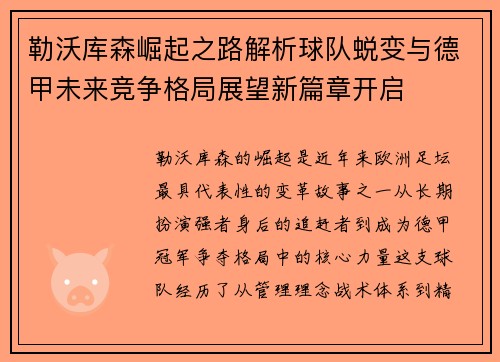 勒沃库森崛起之路解析球队蜕变与德甲未来竞争格局展望新篇章开启